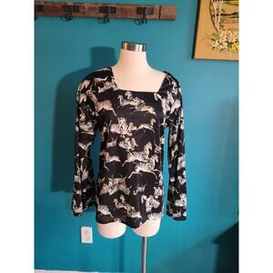 Vintage 60s 70s Novelty Zebras Print Bell Sleeve Tunic Top  M L